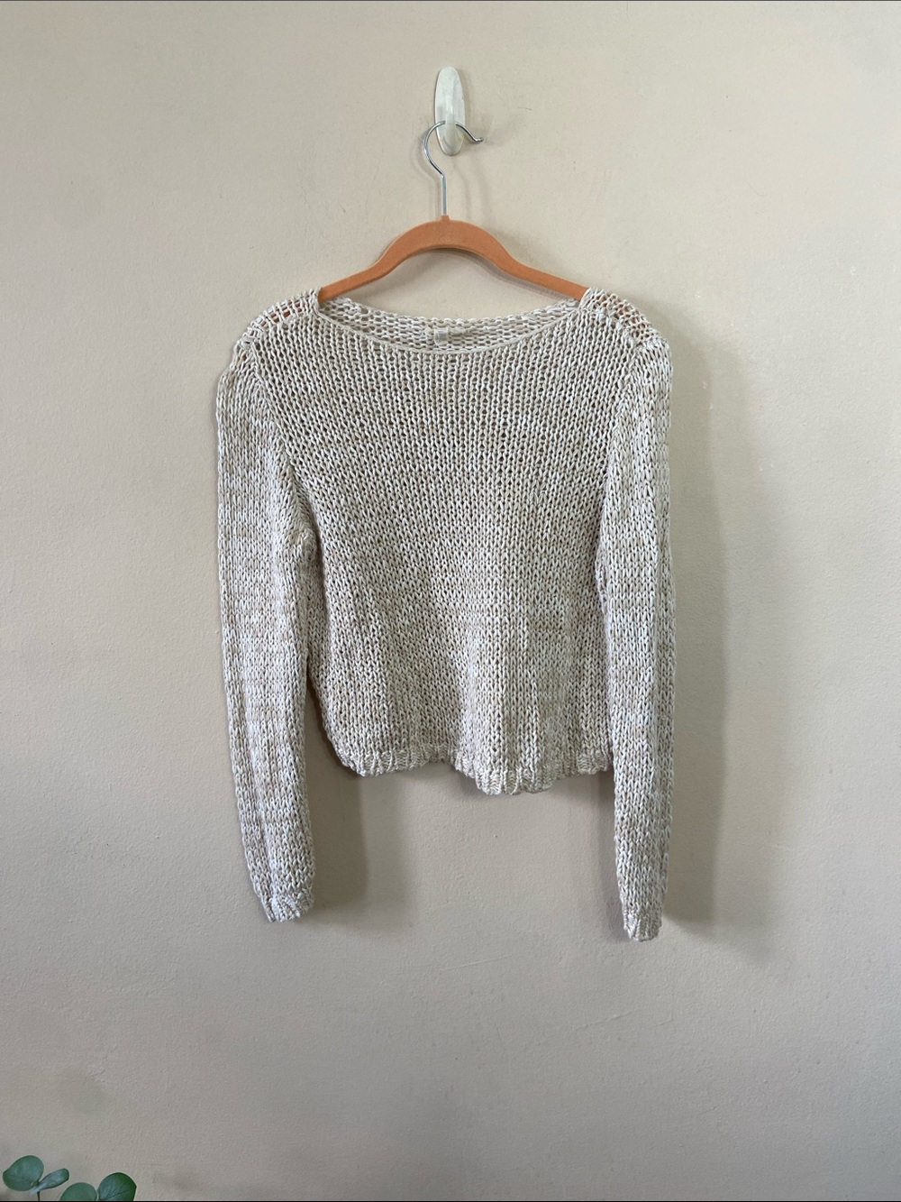 Eileen Fisher Organic Cotton Open Knit Sweater XS Beige Oatmeal Cropped Crochet
